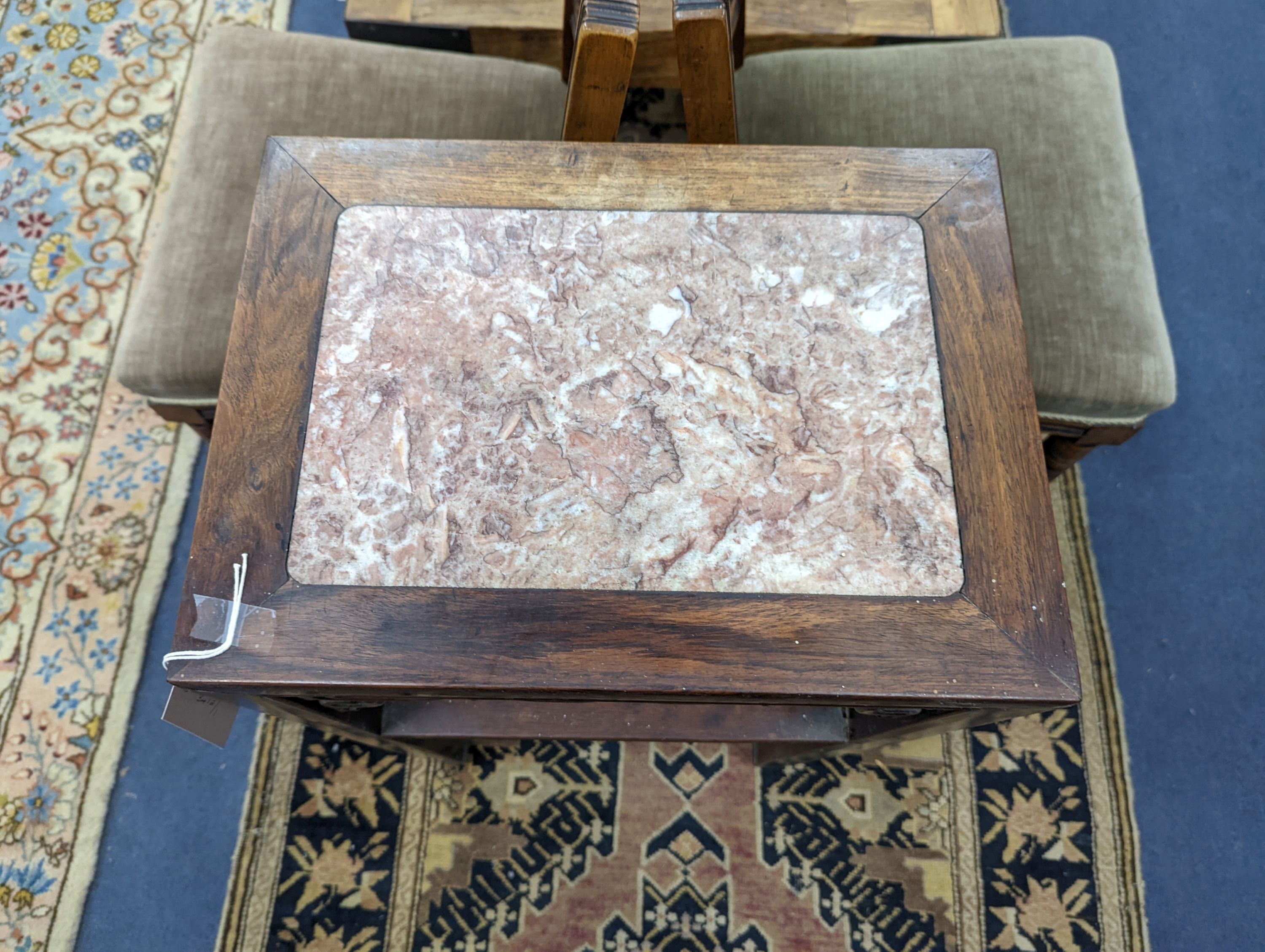 A late 19th century Chinese marble inset hardwood occasional table, width 41cm, height 79cm